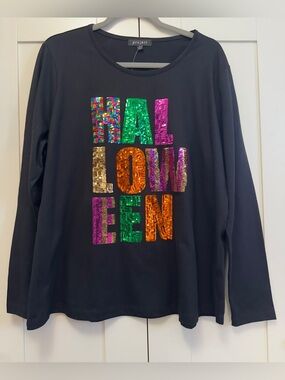 Halloween Sequin Multi Colored on Black Pullover Sweatshirt Top Sz XL NEW!